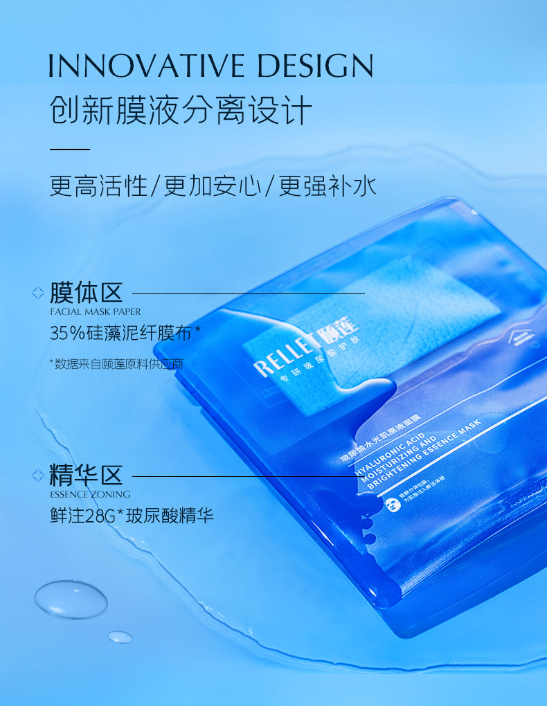 Rellet Hyaluronic Acid Moisturizing & Brightening Essence Mask 28g*10PCS 颐莲玻尿酸保湿亮肤水光肌原液面膜